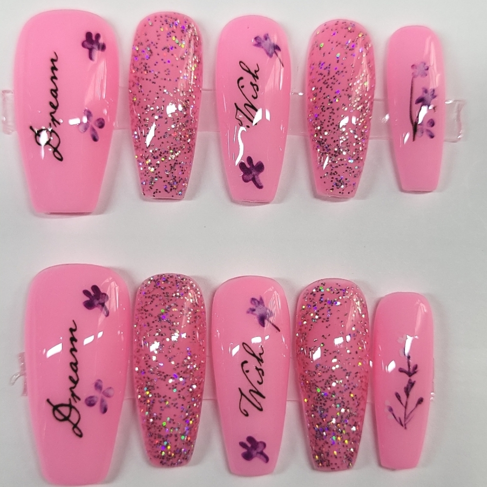 💋Press On Nails - Pink and Glitter Accent Nails with Inspirational Words